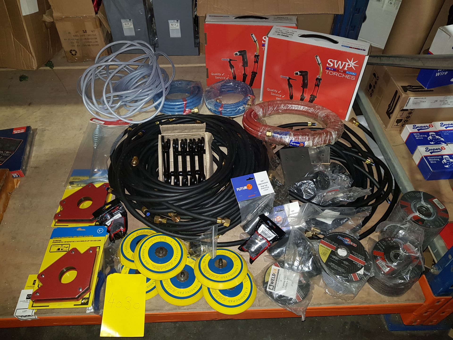 BRAND NEW MISC TOOLING LOT TO INC - 2 X SWP MIG/TIG/PLASMA TORCHES, 6 X 6 SANDING PADS, 3 X ARROW