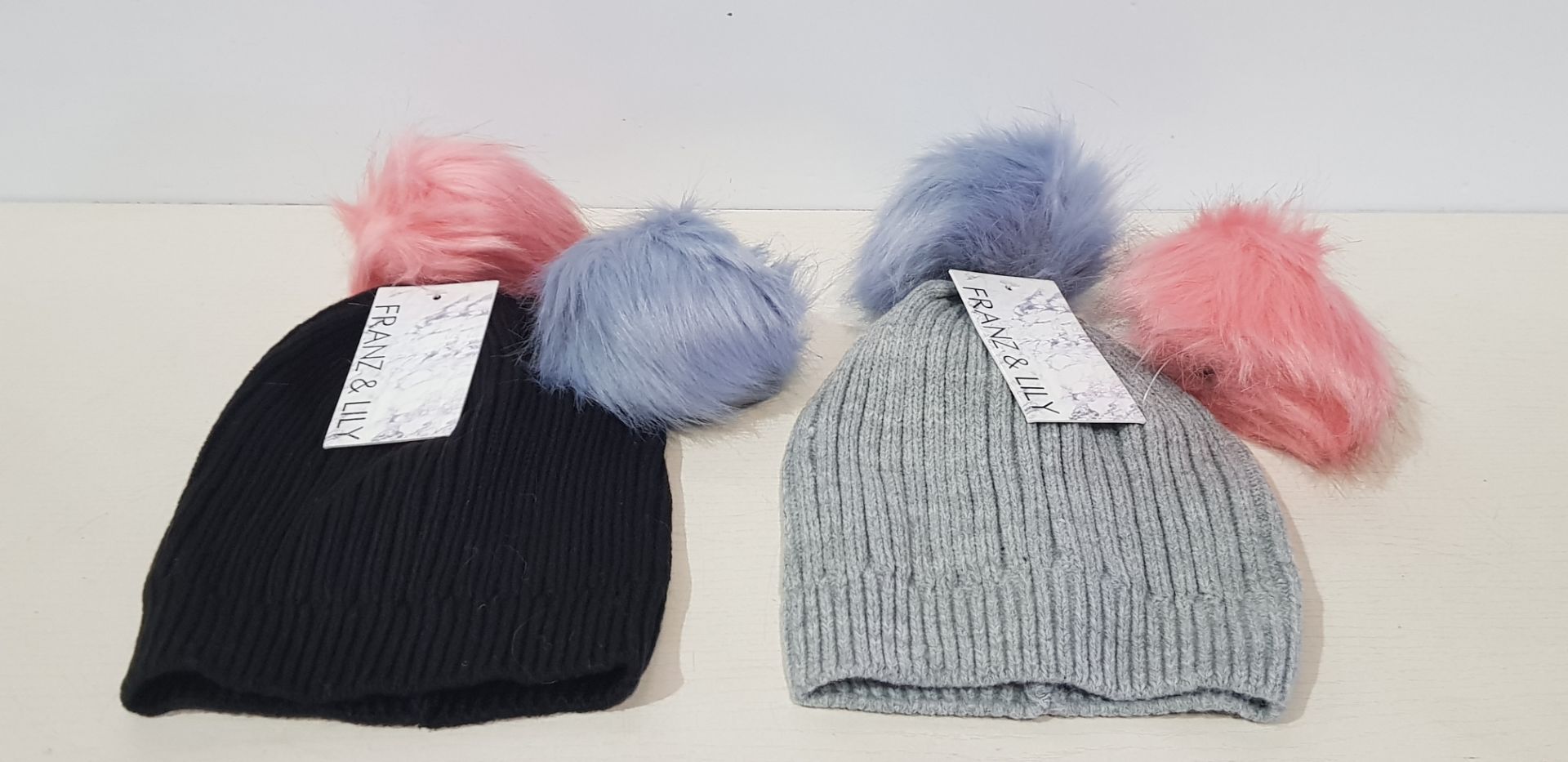 12 X BRAND NEW GREY LUXURY FRANZ & LILY ADULT WINTER BEANIE HAT WITH FULLY INTERCHANGEABLE POM POM -