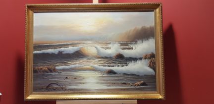 PAINTING SIGNED BY STEWART COASTAL LANDSCAPE GOLD COLOURED FRAME SIZE: H72CM X W102CM