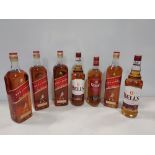 7 PIECE BRAND NEW MIXED ALCOHOL LOT CONTAINING 4 X 1L JOHNNIE WALKER RED LABEL WHISKEY - 2 X 1L