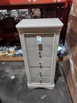 1 X MABEL 5 DRAWER TALLBOY IN TAUPE 56 X 43 X 125CM (PLEASE NOTE CUSTOMER RETURNS)