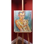 PAINTING SIGNED BY GEOFF LAURENCE BY (G 93) ON MDF BOARD PORTRAYING FIGURE H 76.5CM X W 64CM