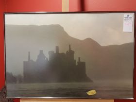 SIGNED BY UNKNOWN ARTIST PRINT OF RUINS ON COASTAL BACKGROUND CHROME FRAME H 51CM X W 77CM INC MOUNT