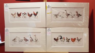 4 PRINT PAINTINGS OF POULTRY ALL SIGNED BY ARTIST MADELEINE FLOYD 1ST GEESE 106/195 55CM X 32CM