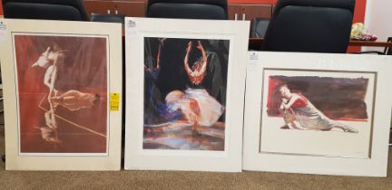 3 PRINT PAINTINGS 2 BY R HEINDES , ONE UNSIGNED PRINT, 1ST 85/150 LANDSCAPE PAITING OF A DANCER 79CM