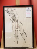 SIGNED BY UNKNOWN ARTIST NAKED FIGURE BLACK FRAME WITH DAMAGE TO BOTTOM RIGHT H 44.5CM X W 31CM