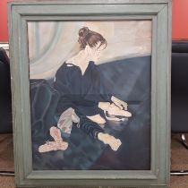 SIGNED BY UNKNOWN ARTIST SITTING LADY BALLERINA ON A CANVAS OFF GREEN COLOURED FRAME H 120CM X W