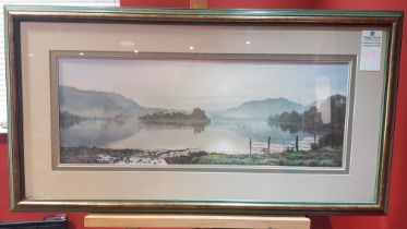 AN ORIGINAL POSTER PAINTING BELIEVED TO BE BY H.J.HANKEY A MISTY SUNRISE OVER GRASMERE GOLD AND