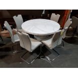 1 X GRANITE TOP & BASE CARRA DINING TABLE IN BONE WHITE 1300MM DIAMETER WITH 6 X LEATHER GREY DINING