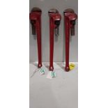 3 PIECE LOT CONTAINING CLASSIC HEAVY-DUTY PIPE WRENCHES MADE IN ENGLAND IN RED.