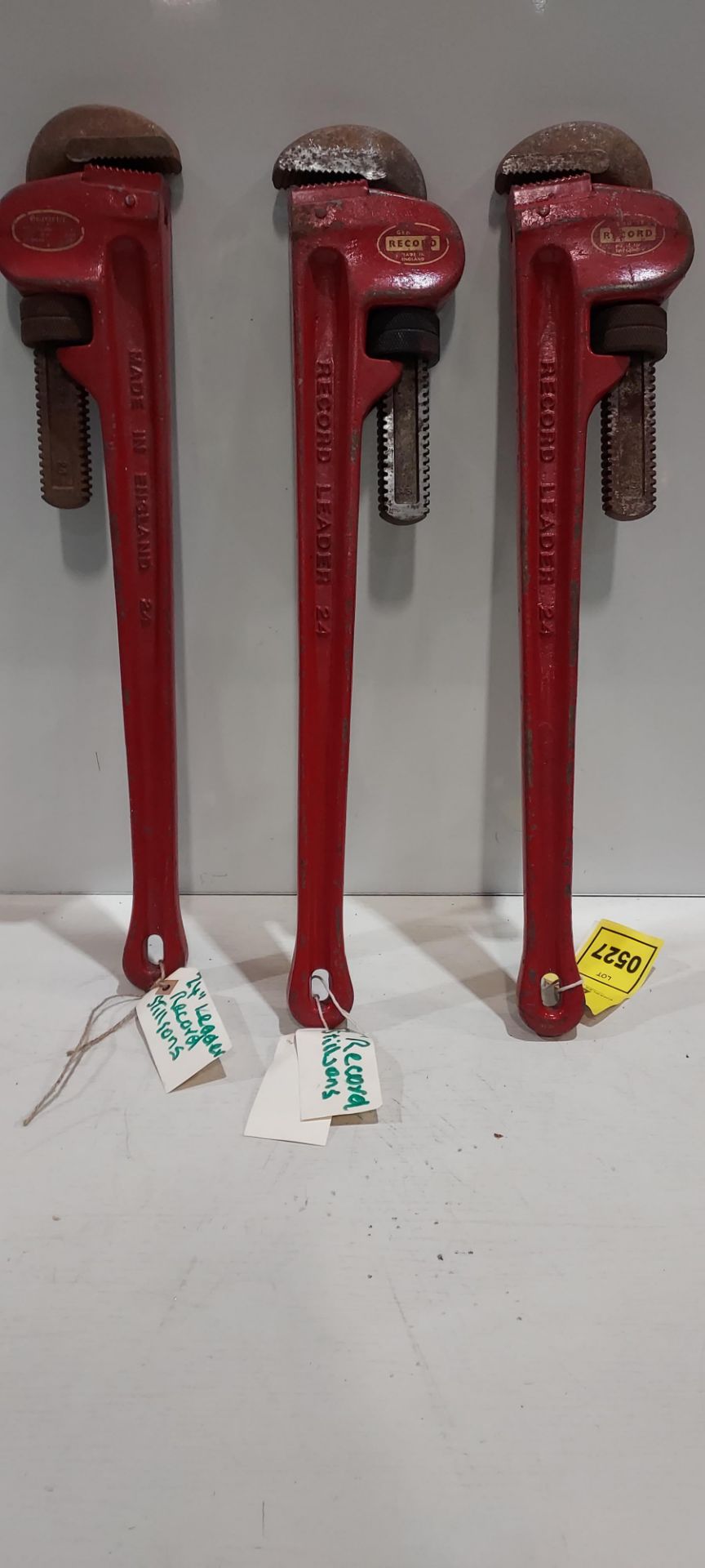 3 PIECE LOT CONTAINING CLASSIC HEAVY-DUTY PIPE WRENCHES MADE IN ENGLAND IN RED.