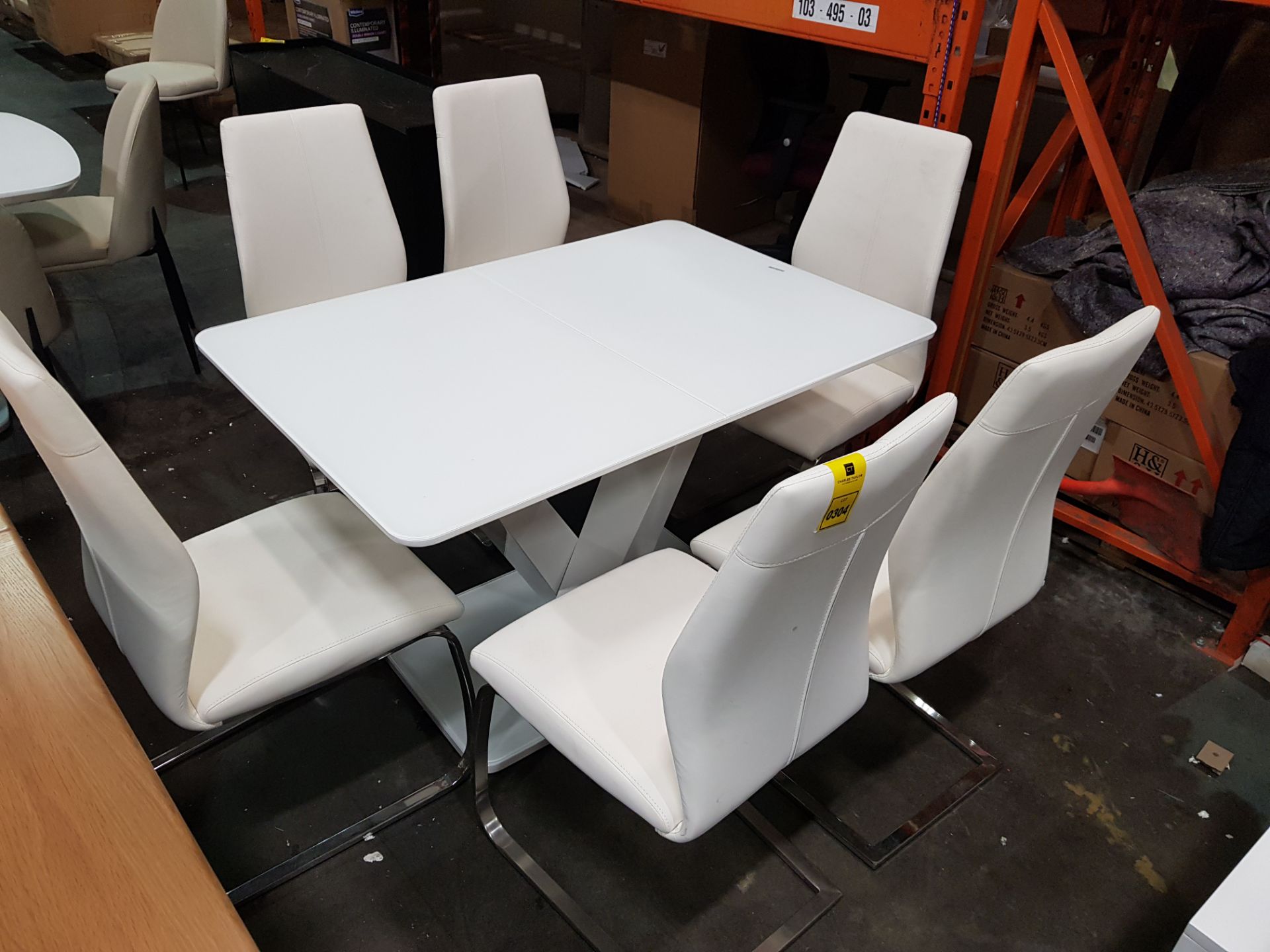 1 X RAFAEL DINING TABLE IN WHITE EXTENDING 1200/1600 X 800mm WITH 6 X LEATHER WHITE DINING CHAIRS (