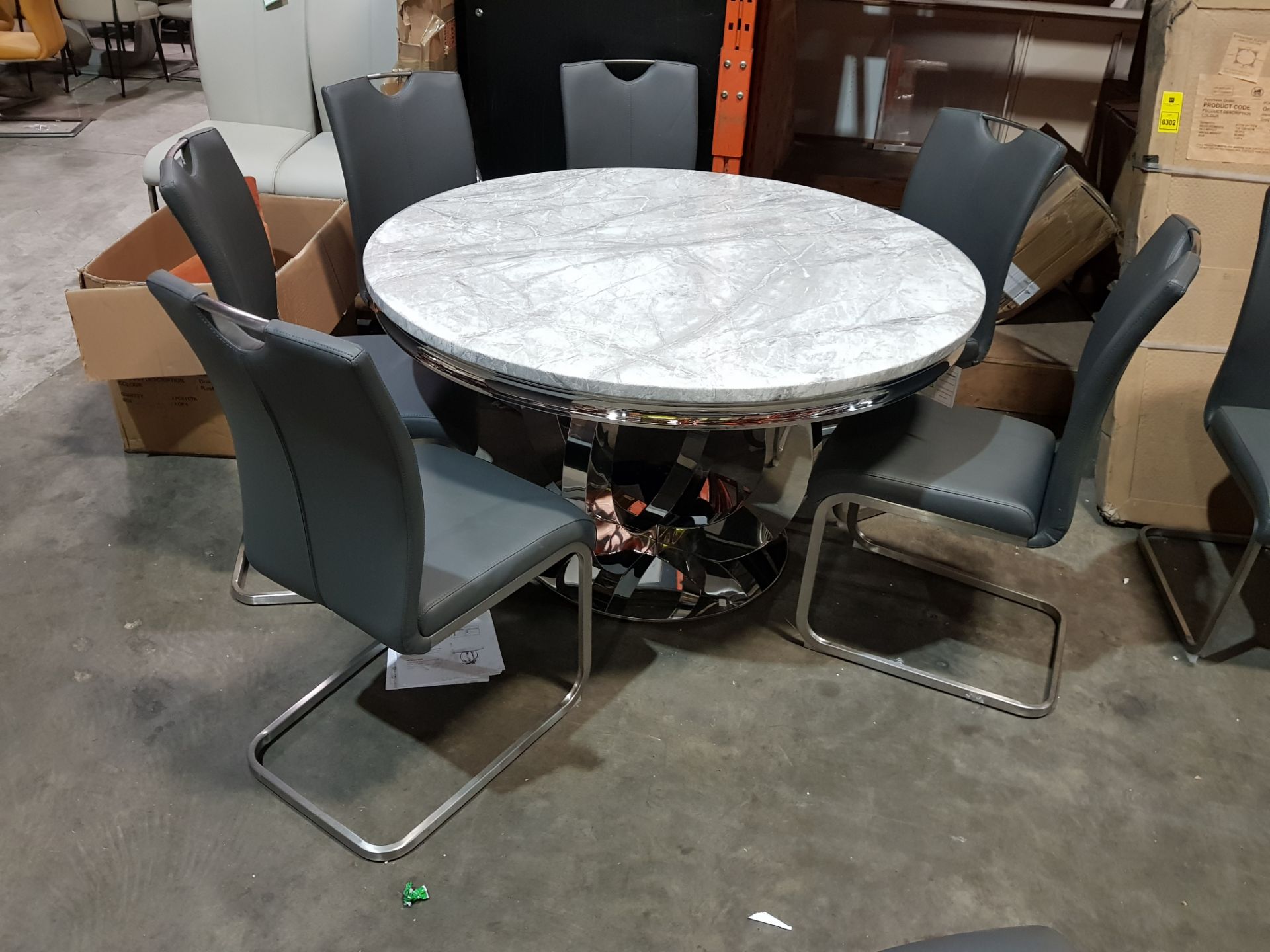 1 X GRANITE TOP ORACLE DINING TABLE 1300MM DIAMETER WITH 6 X LEATHER GREY DINING CHAIRS (PLEASE NOTE