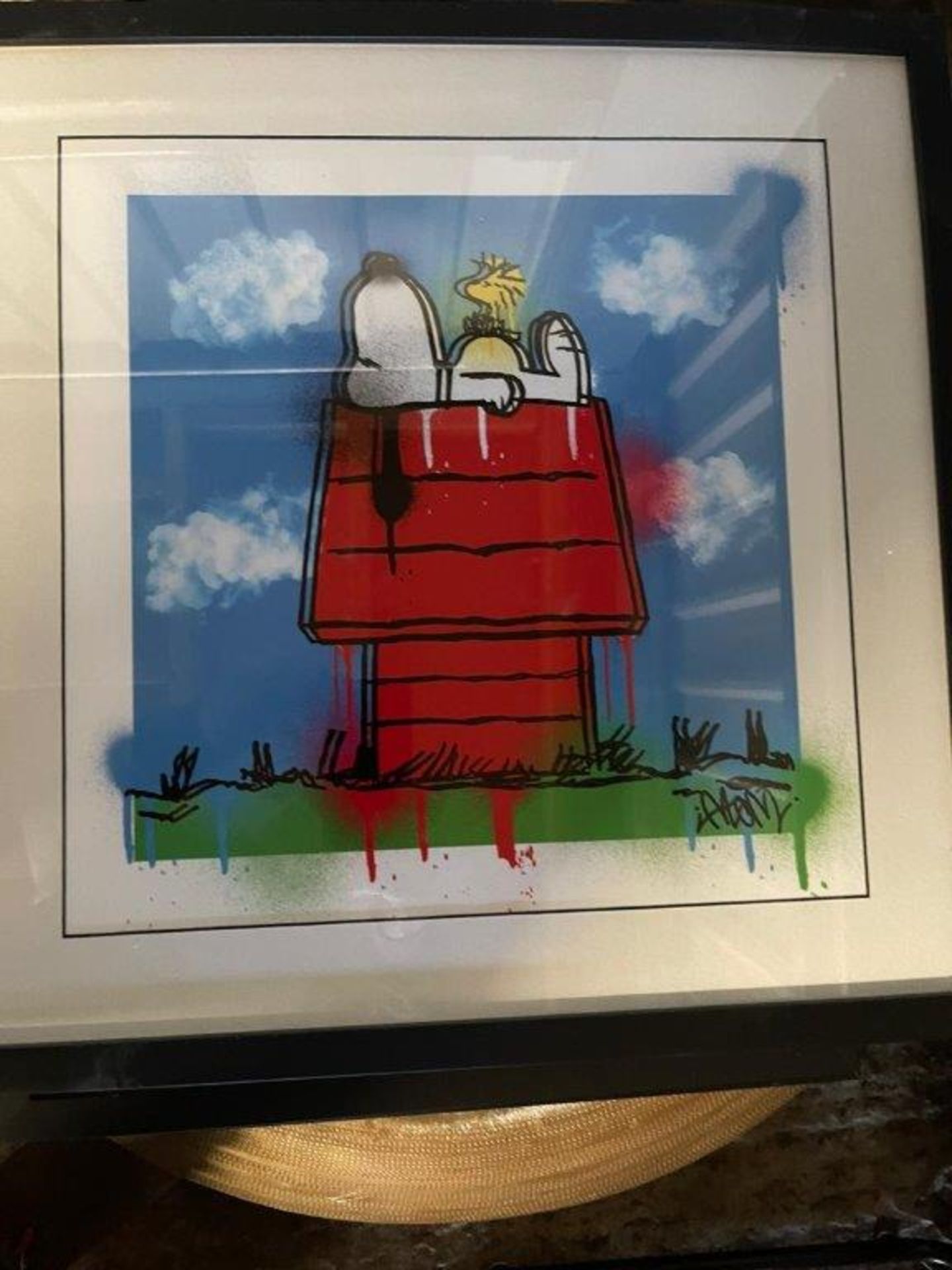 SNOOPY ON KENNEL ARTWORK IN THE STYLE OF GRAFFITI IN FRAME **COLLECTION FROM CROYDEN NO PACKAGING