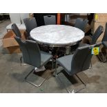 1 X GRANITE TOP ORACLE DINING TABLE 1300MM DIAMETER WITH 7 X LEATHER GREY DINING CHAIRS (PLEASE NOTE