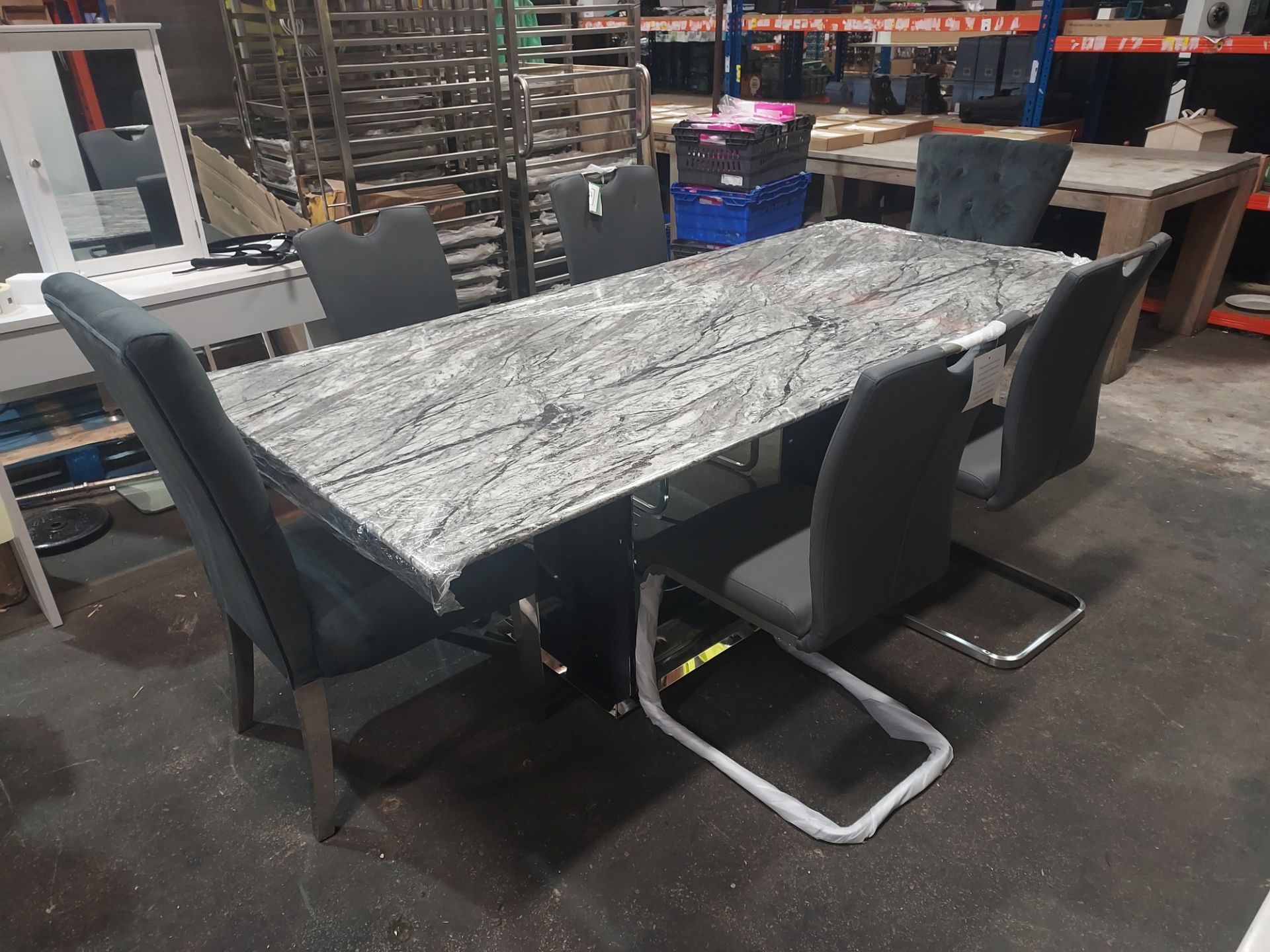 1 X GRANITE TOP DONATELLA DINING TABLE IN MARBLE/GREY HIGH GLOSS (SIZE 2200 X 1000mm) WITH 6 X