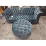 1 X 3 SEATER BUTTONED VELVET SOFA WITH MATCHING POUF - PLEASE NOTE CUSTOMER RETURNS