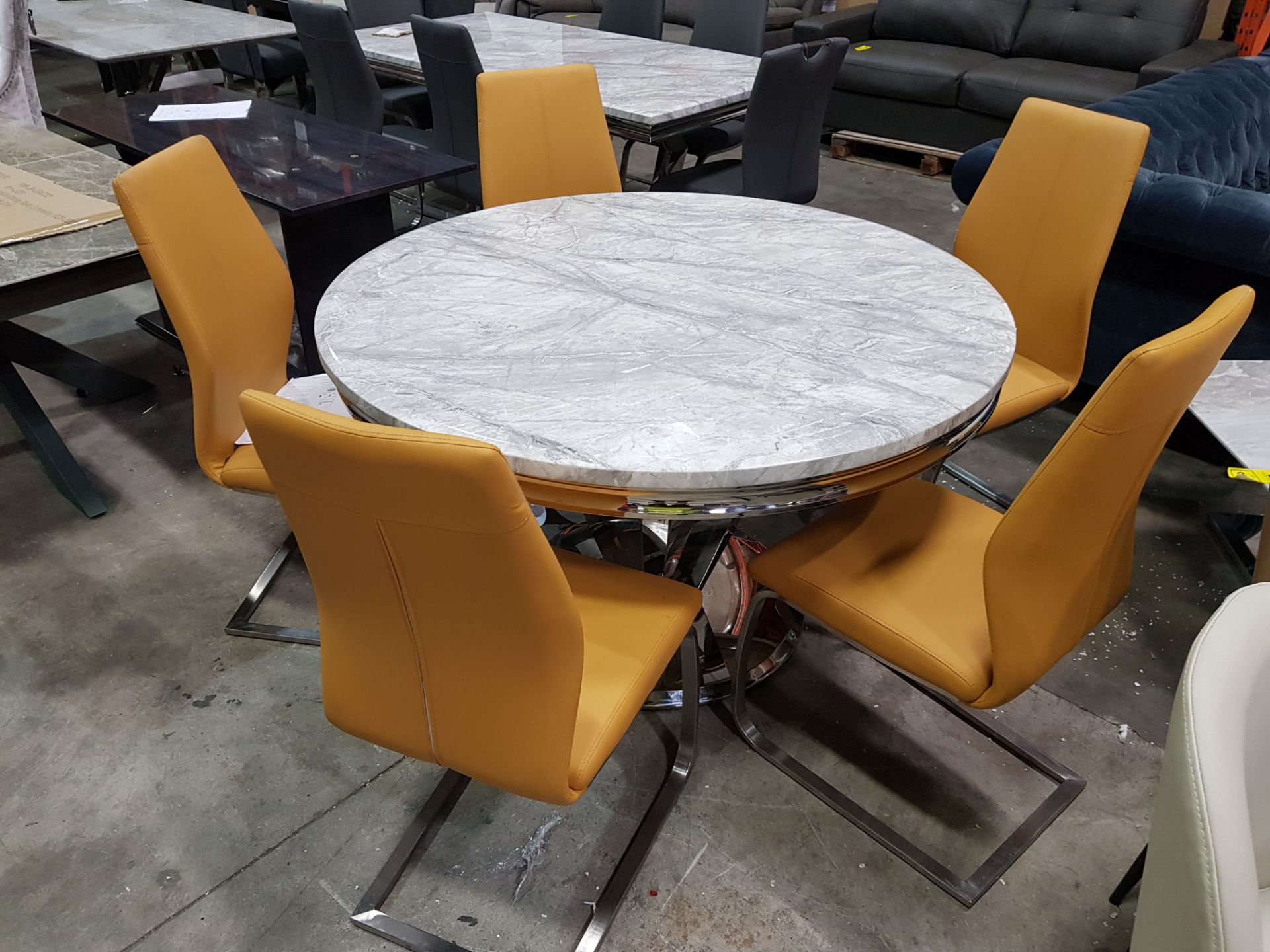 1 X GRANITE TOP ARTURO DINING TABLE IN GREY (DIAMETER 1300mm) WITH 5 X DINING LEATHER CHAIRS (PLEASE