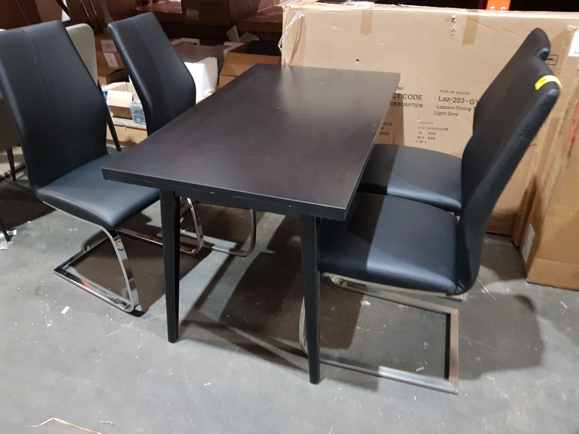 1X WOOD DINING TABLE IN BLACK 1200MM X 700MM WITH 4 X LEATHER BLACK DINING CHAIRS (PLEASE NOTE