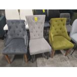 3 X MIXED CHAIR LOT CONTAINING - 3 X VELVET DINING CHAIRS IN GREEN, GREY AND DARK GREY