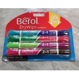 120 X BRAND NEW PACKS OF 4 BEROL DRY WIPE DOUBLE SIDES WHITEBOARD MARKERS - IN 10 BOXES