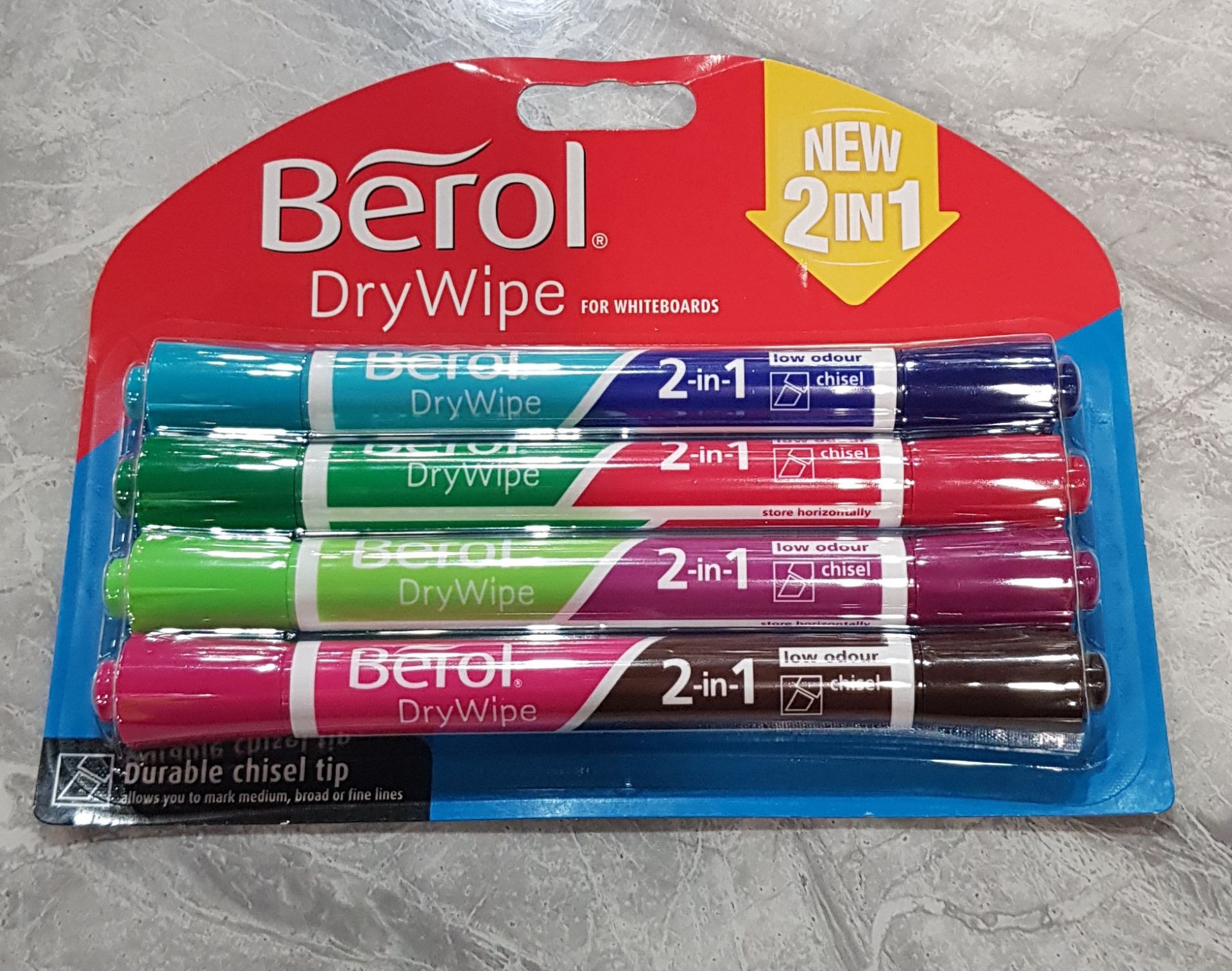 120 X BRAND NEW PACKS OF 4 BEROL DRY WIPE DOUBLE SIDES WHITEBOARD MARKERS - IN 10 BOXES