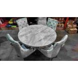 1 X ARTURO ROUND MARBLE TOP DINING TABLE WITH 4 SILVER VELVET BUTTONED BACK CHAIRS ( DIAMETER 130 CM