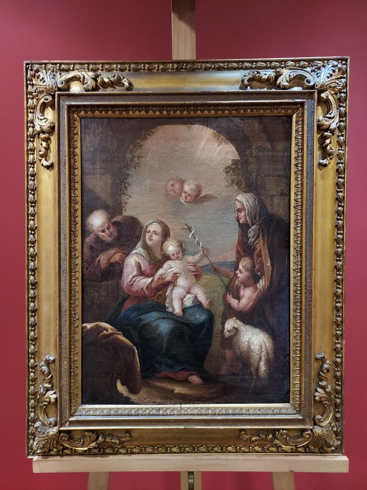 LATE 18TH CENTURY OIL PAINTING ON CANVAS (THE BIRTH OF CHRIST) THE HOLY FAMILY DEPICTED IN THE