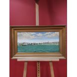 OIL PAINTING ON CANVAS, VIEW OF BOURNEMOUTH FROM THE SEA WITH PADDLE STEAMER AND SAILING BOATS.