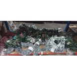 FULL BAY OF MIXED CHRISTMAS WREATHS AND DECORATIVE GARLAND'S IN GRAY AND GREEN SNOW EFFECT (NOTE