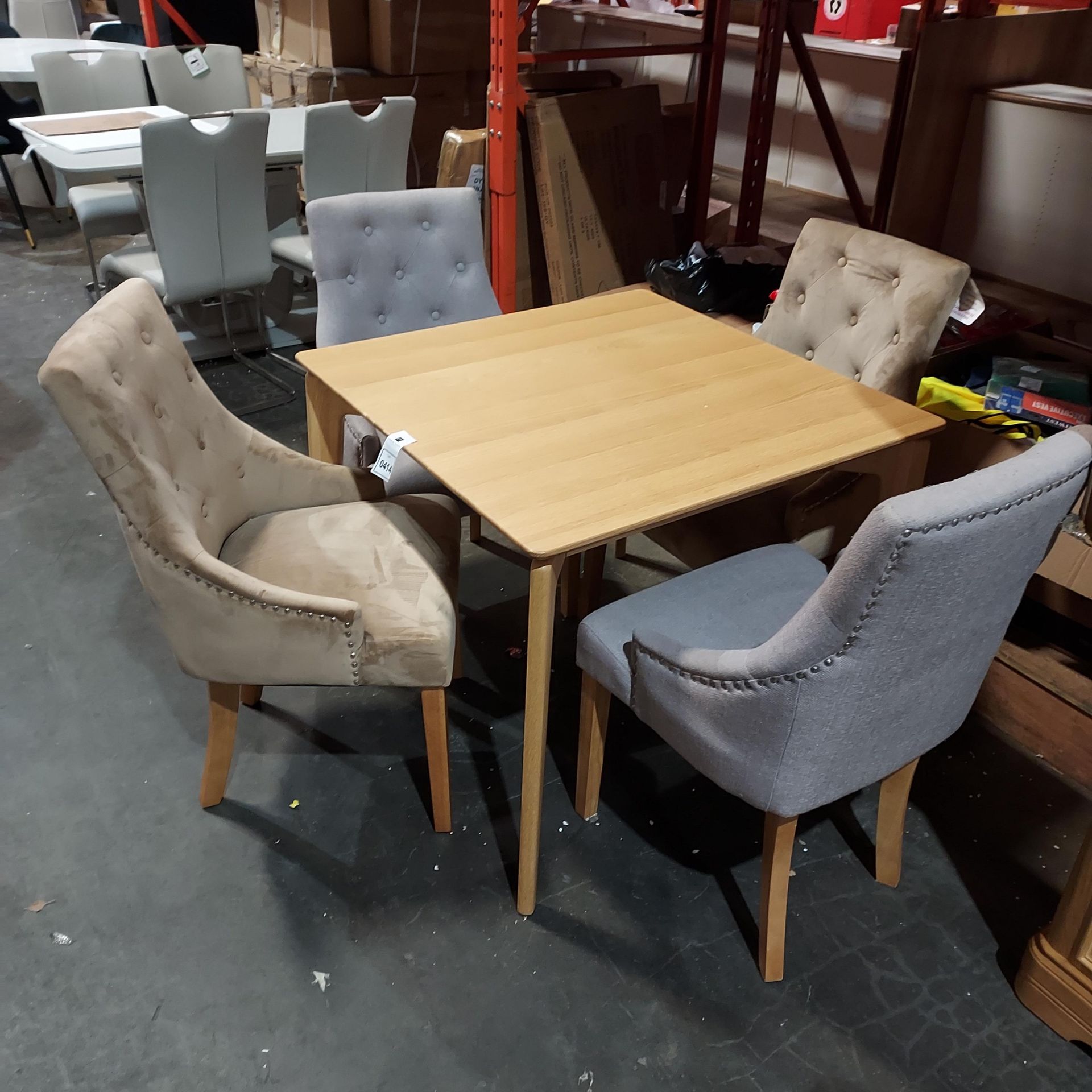 1 X WOODEN DINING TABLE ( 90 X 90 CM ) WITH 2 VELVET CHAIRS IN BROWN AND 2 FABRIC CHAIRS IN GREY (