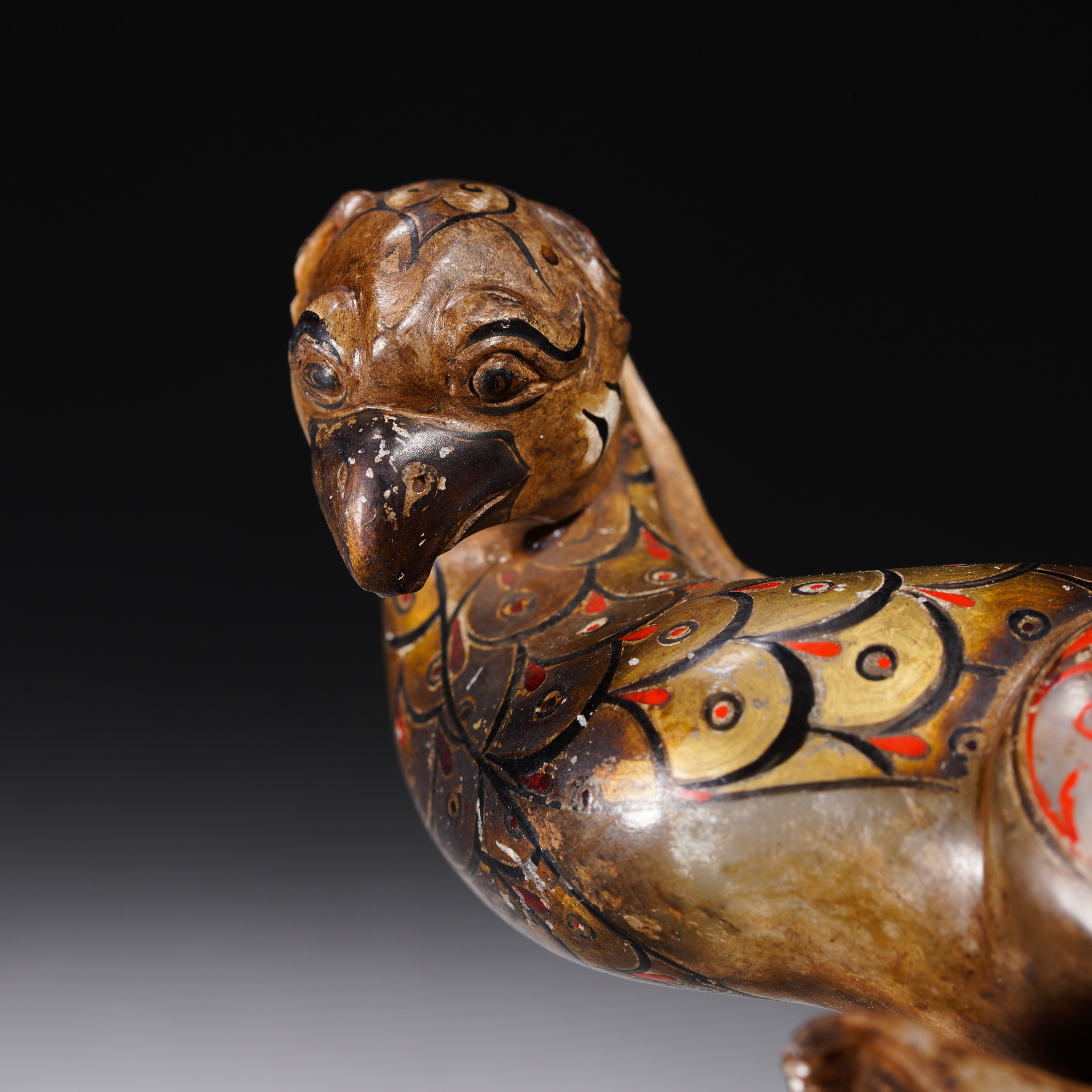 A Chinese Polychrome Painted Carved Jade Mythical Bird - Image 7 of 8