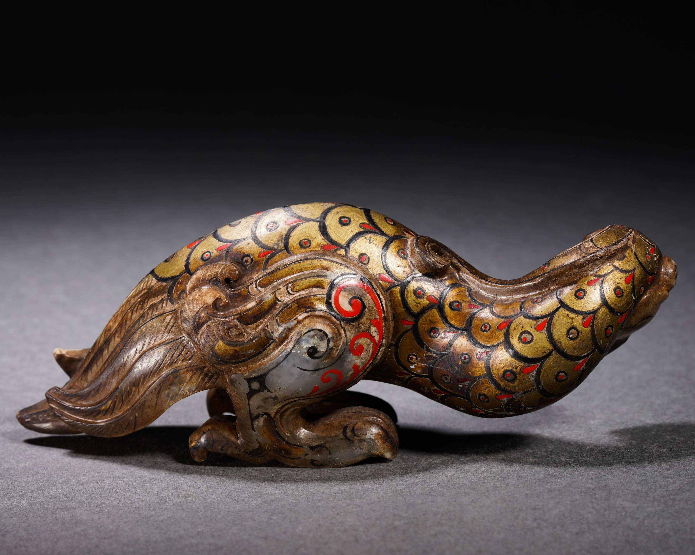 A Chinese Polychrome Painted Carved Jade Mythical Bird - Image 4 of 8