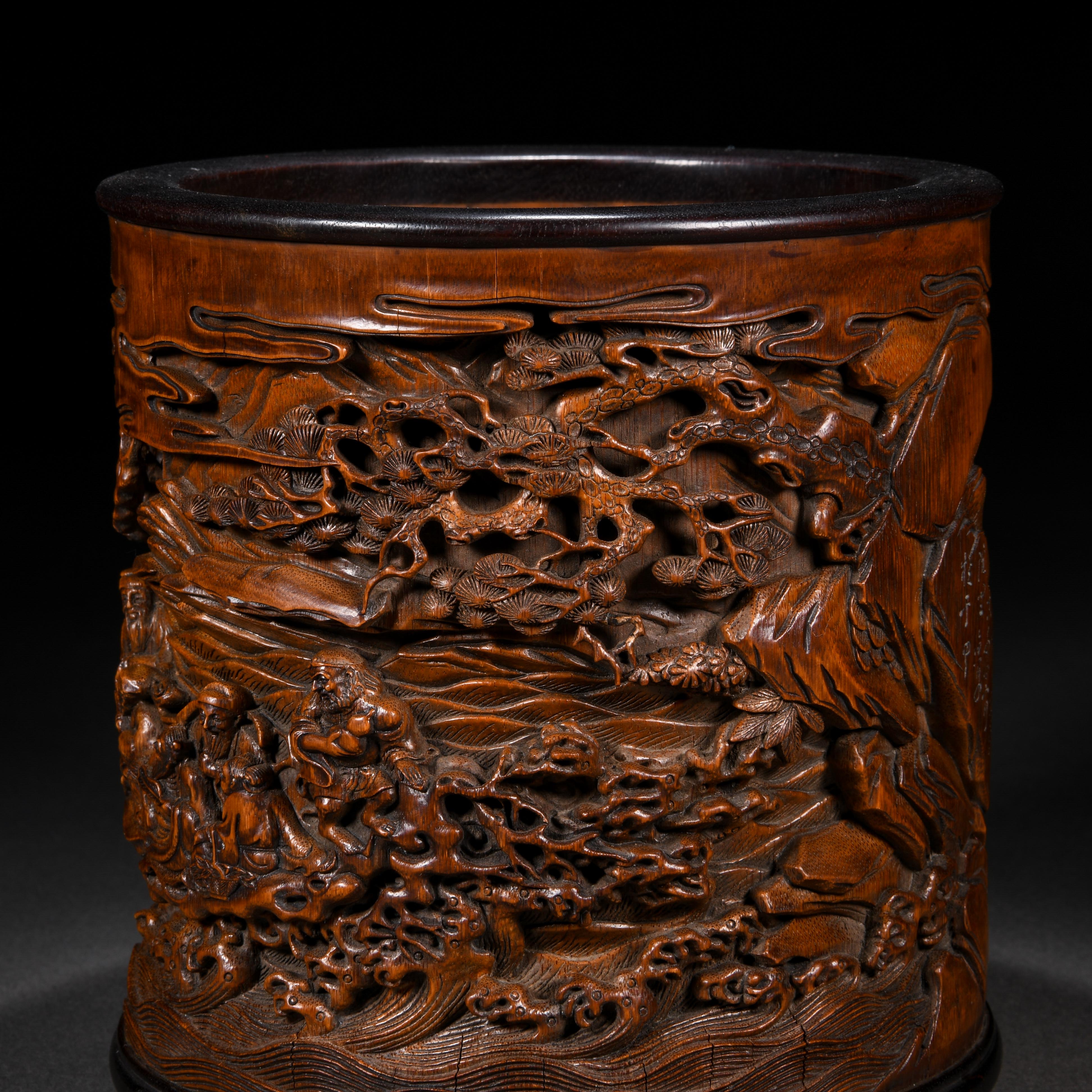 A Chinese Carved Bamboo Eight Immortals Brushpot - Image 5 of 10