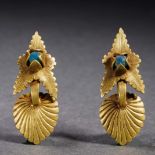 Pair Chinese Hardstones Inlaid Pure Gold Earrings