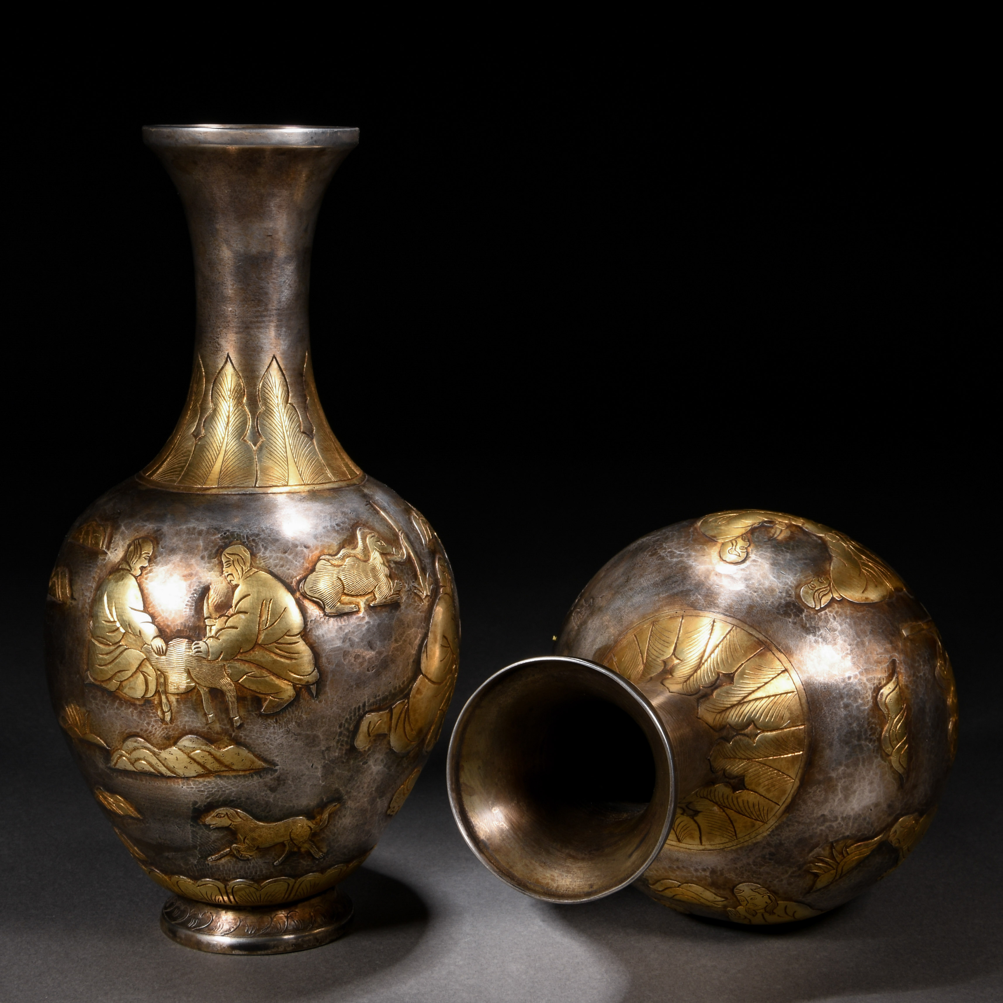 Pair Chinese Bronze Partly Gilt Figural Story Vases - Image 7 of 8