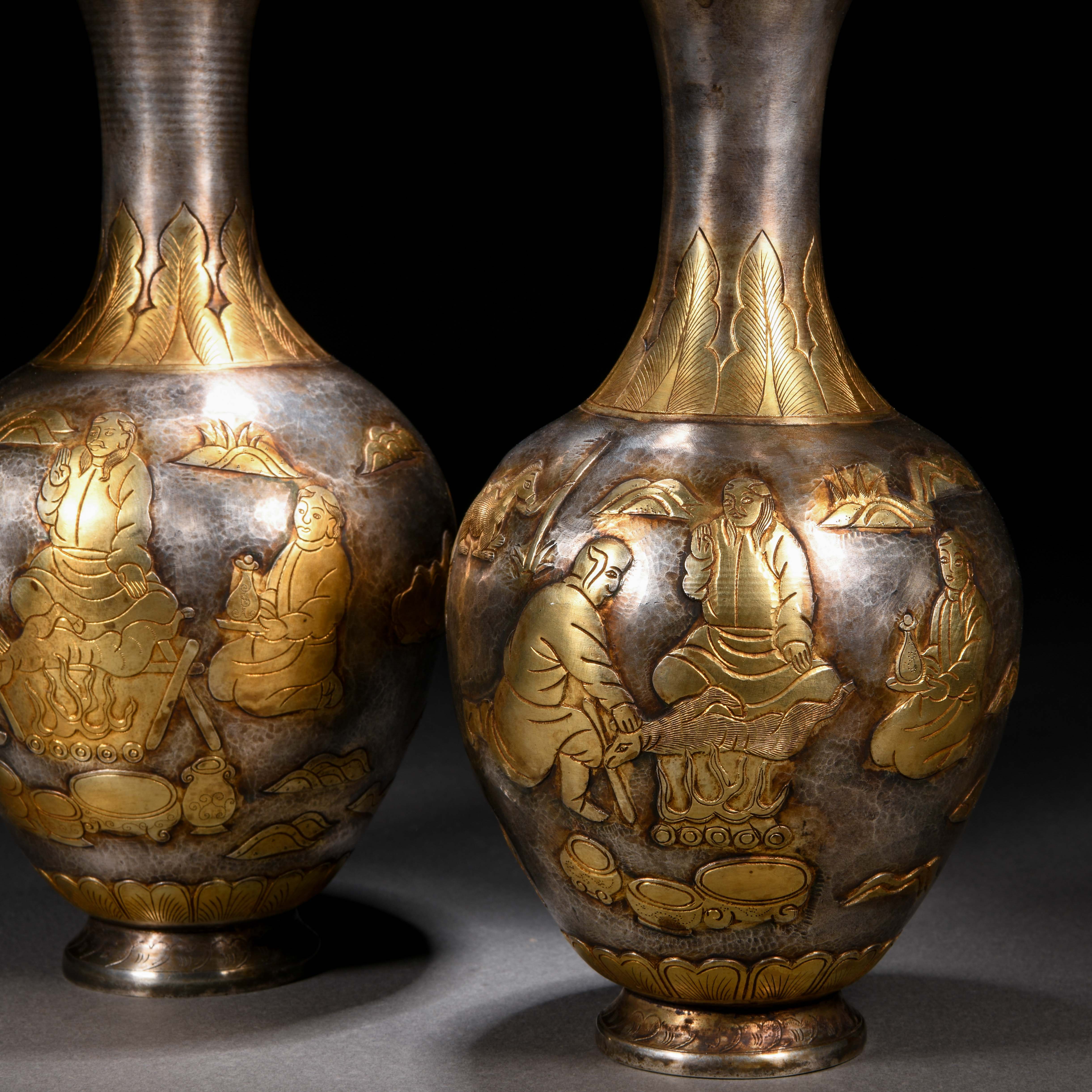 Pair Chinese Bronze Partly Gilt Figural Story Vases - Image 3 of 8