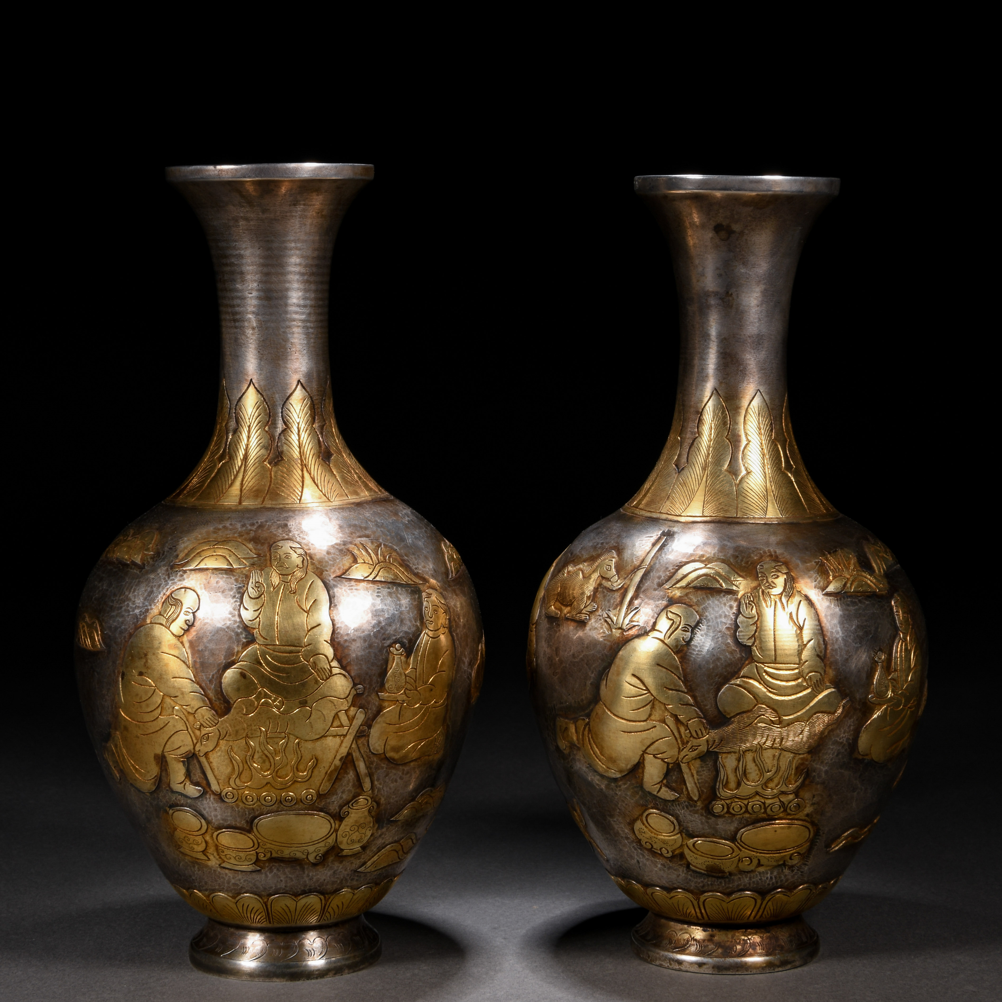 Pair Chinese Bronze Partly Gilt Figural Story Vases