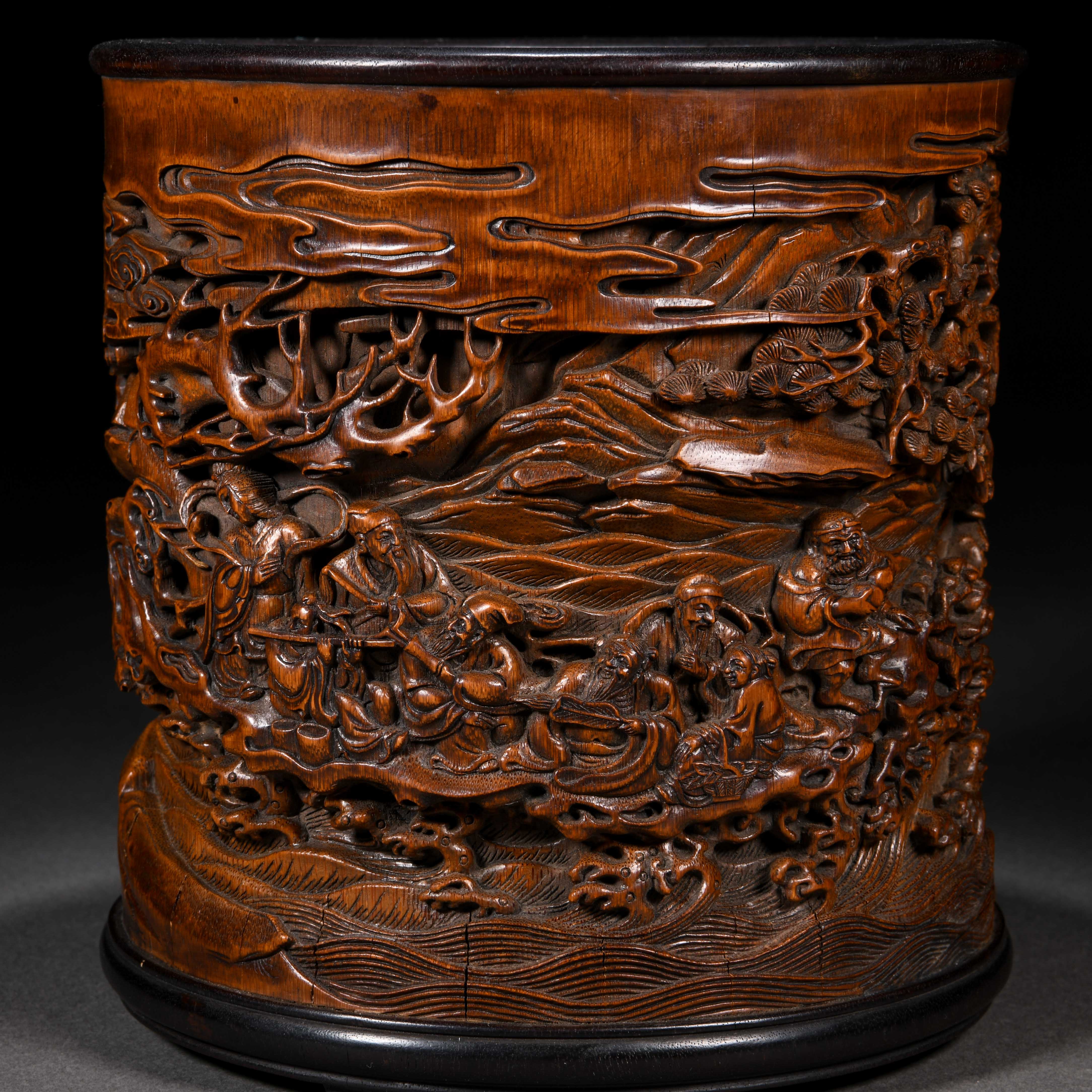 A Chinese Carved Bamboo Eight Immortals Brushpot - Image 3 of 10