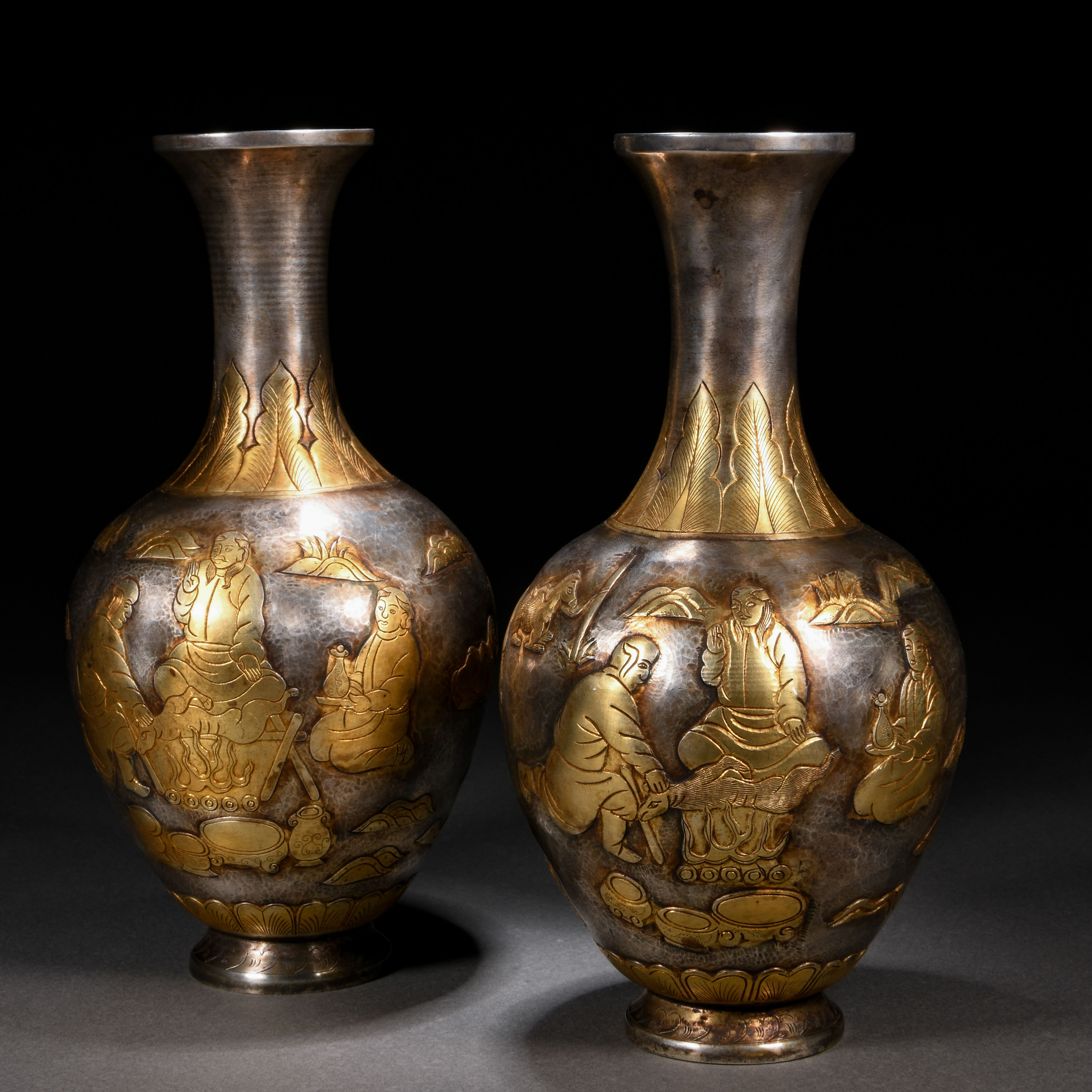 Pair Chinese Bronze Partly Gilt Figural Story Vases - Image 2 of 8