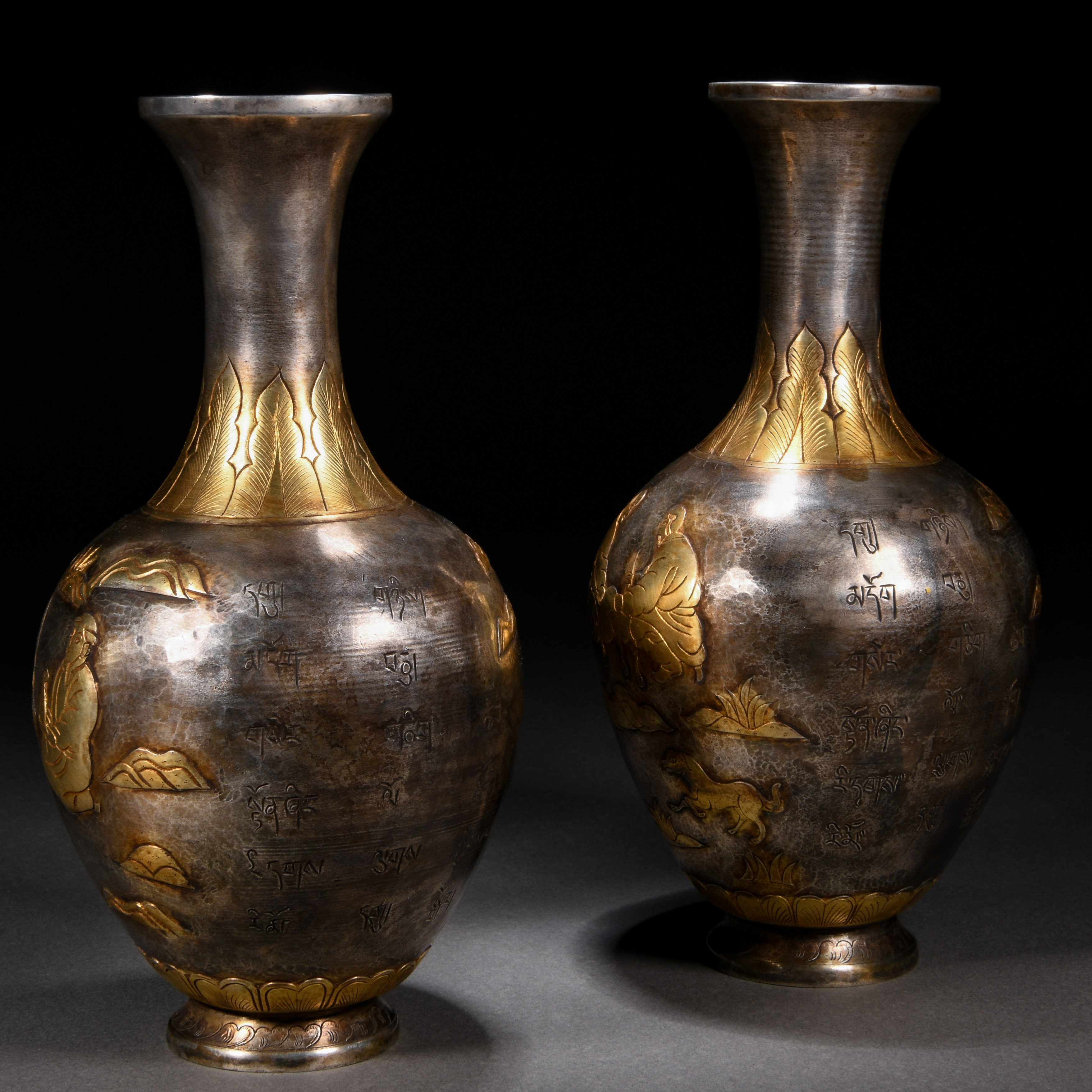 Pair Chinese Bronze Partly Gilt Figural Story Vases - Image 4 of 8