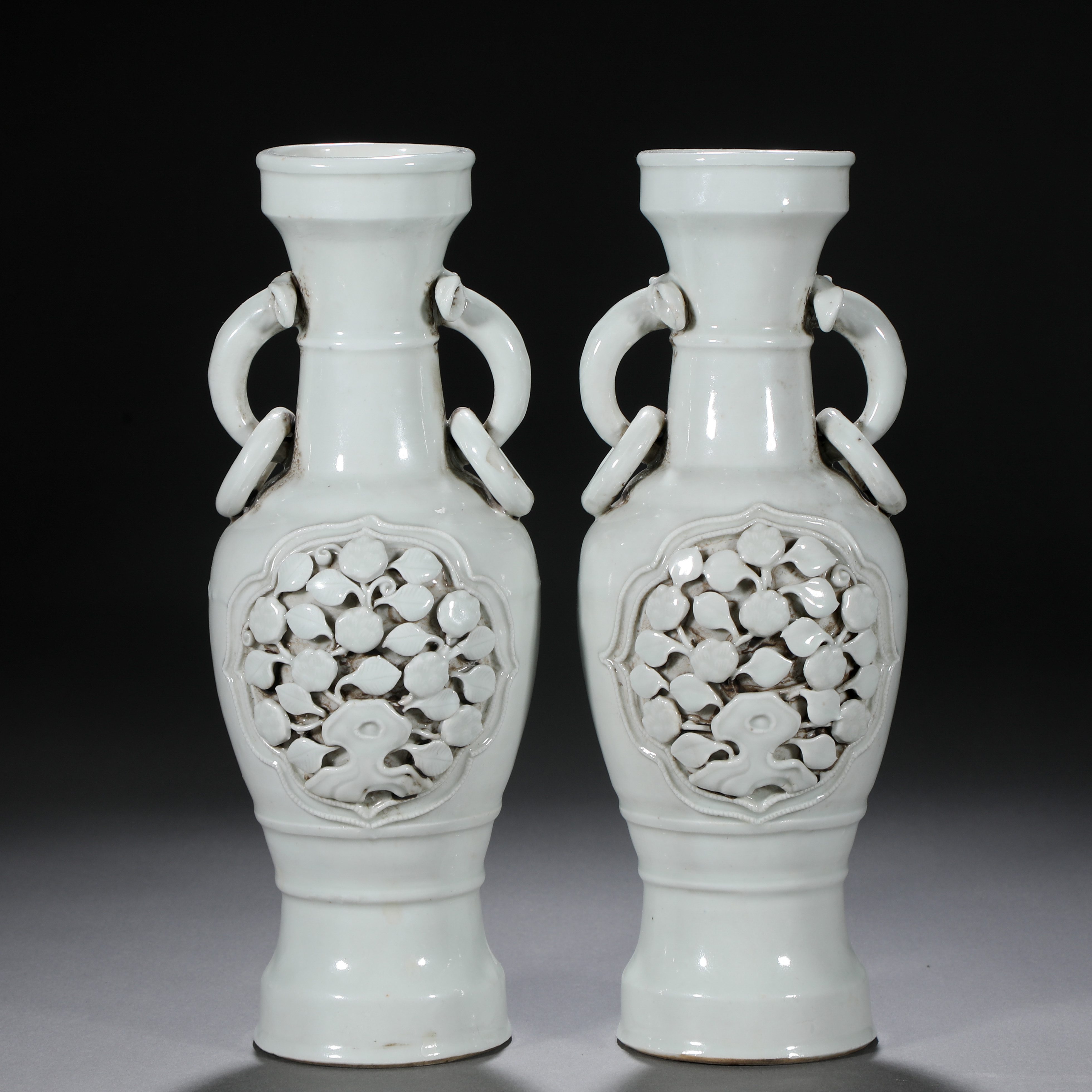 Pair Chinese White Glaze Vases with Double Handles