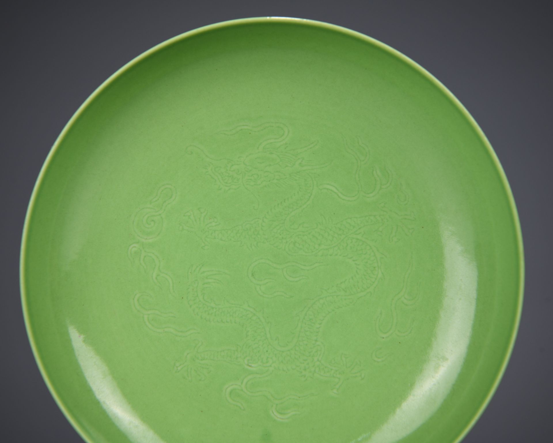 A Chinese Incised Apple Green Glaze Dragon Dish - Image 2 of 8