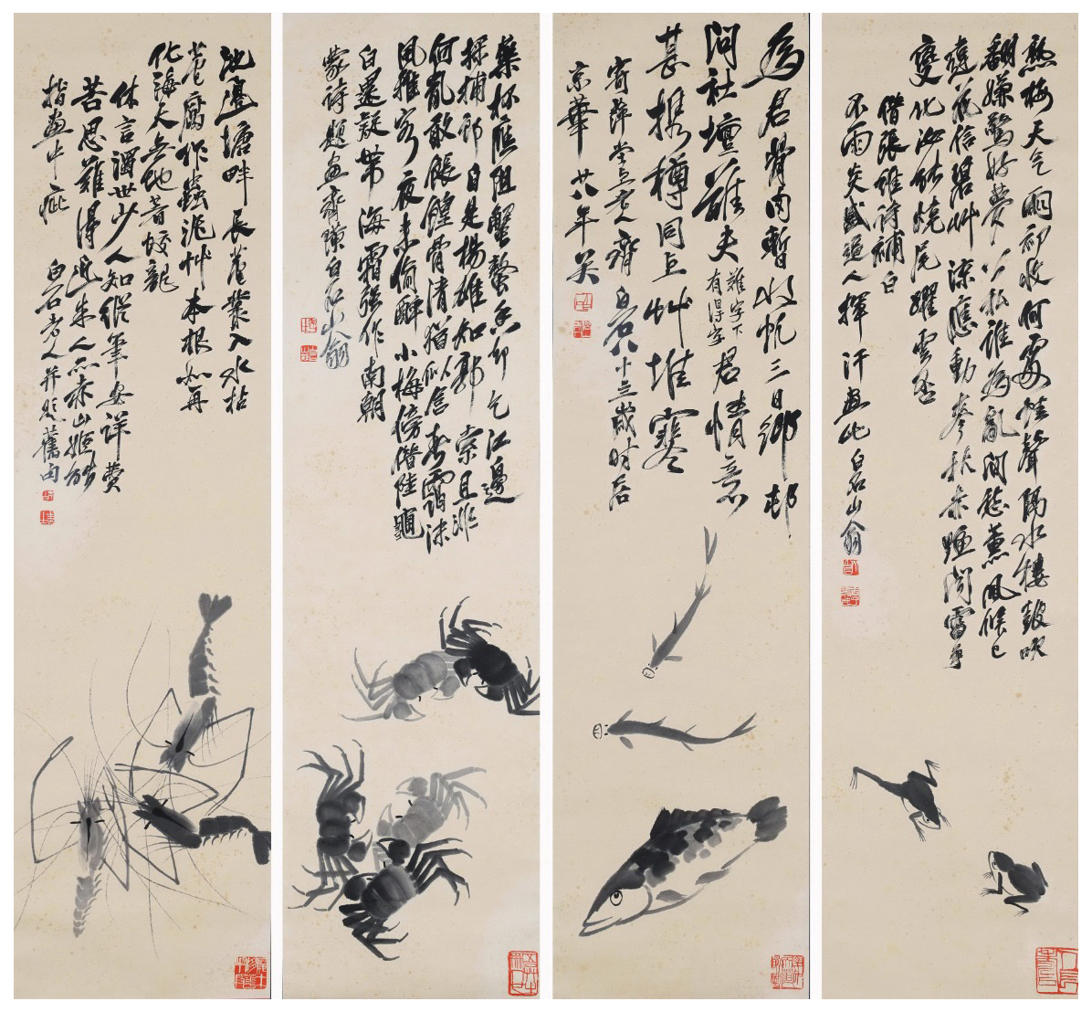 Four Pages of Chinese Scroll Painting Signed Qi Baishi