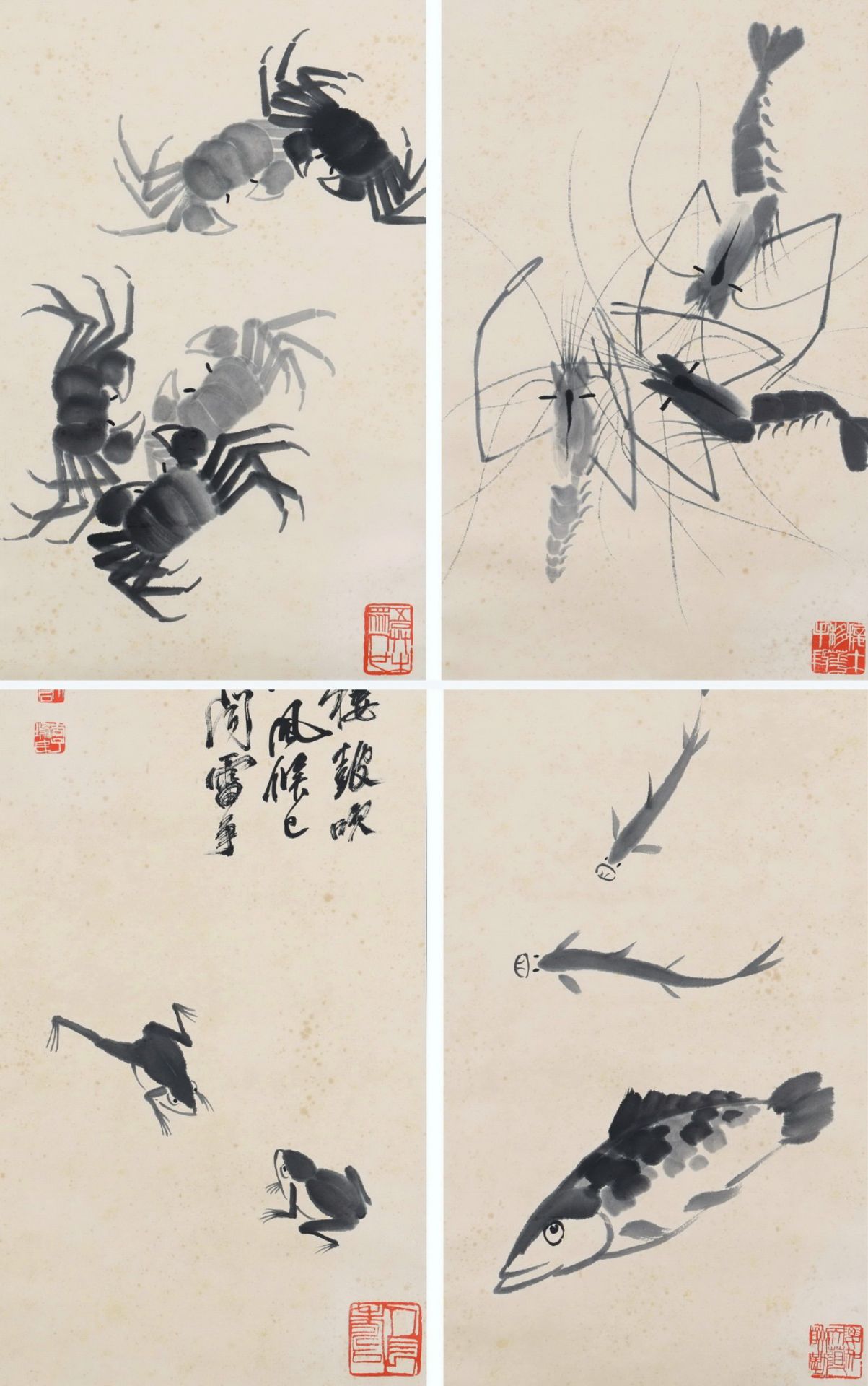 Four Pages of Chinese Scroll Painting Signed Qi Baishi - Bild 6 aus 9