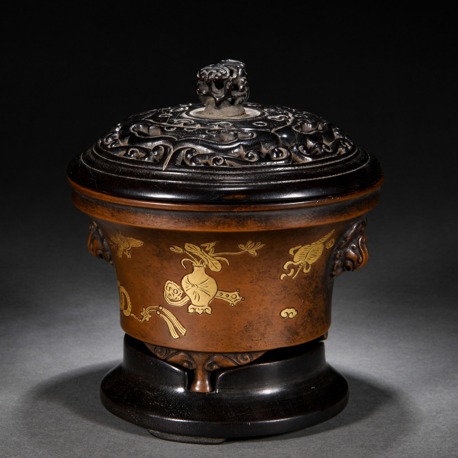 A Chinese Bronze Partly Gilt Censer with Cover - Bild 3 aus 11