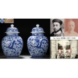 Pair Chinese Blue and White Garnitures with Covers