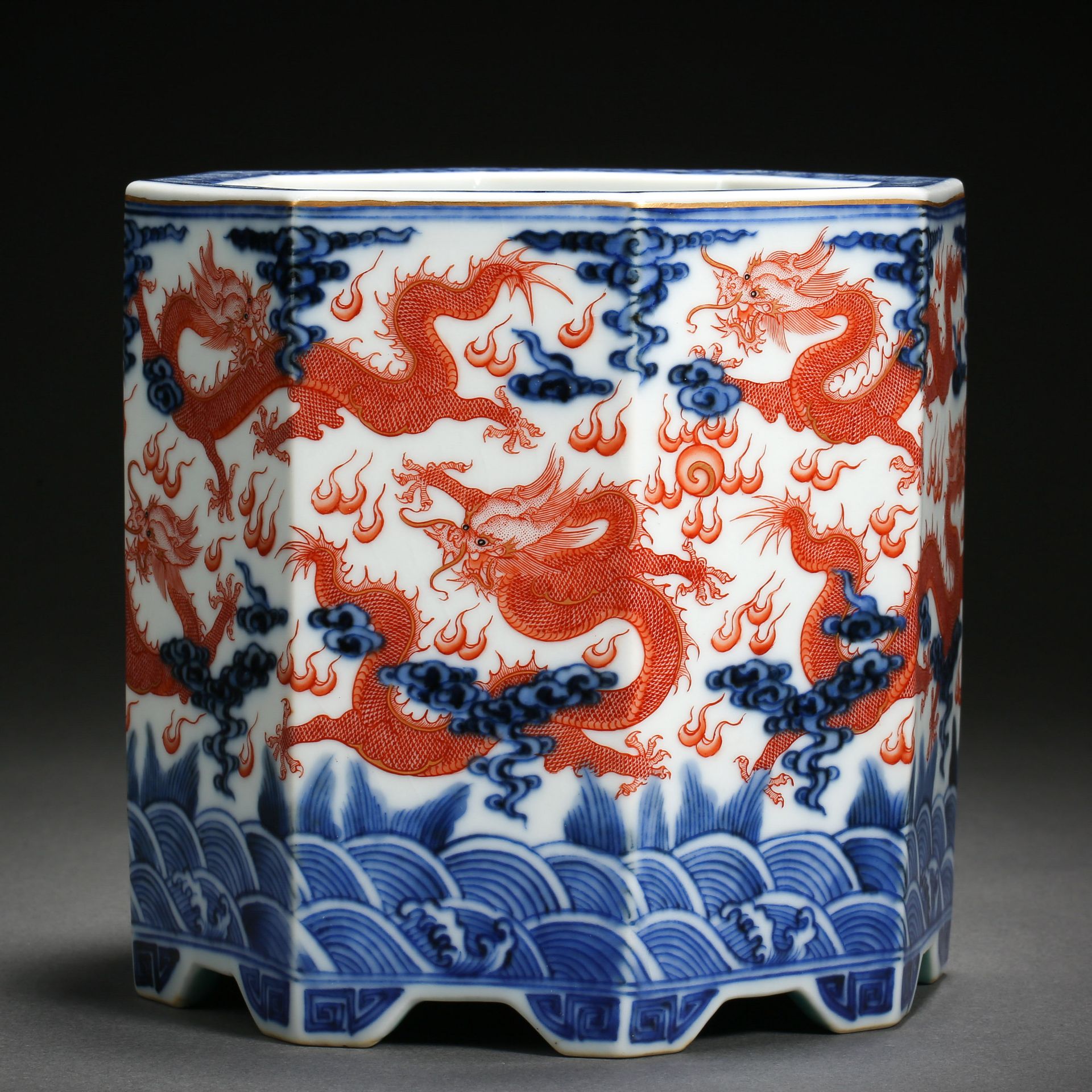 A Chinese Underglaze Blue and Iron Red Dragon Brushpot - Image 2 of 8