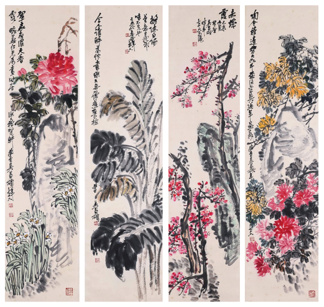 Four Pages of Chinese Scroll Painting Signed Wu Changshuo