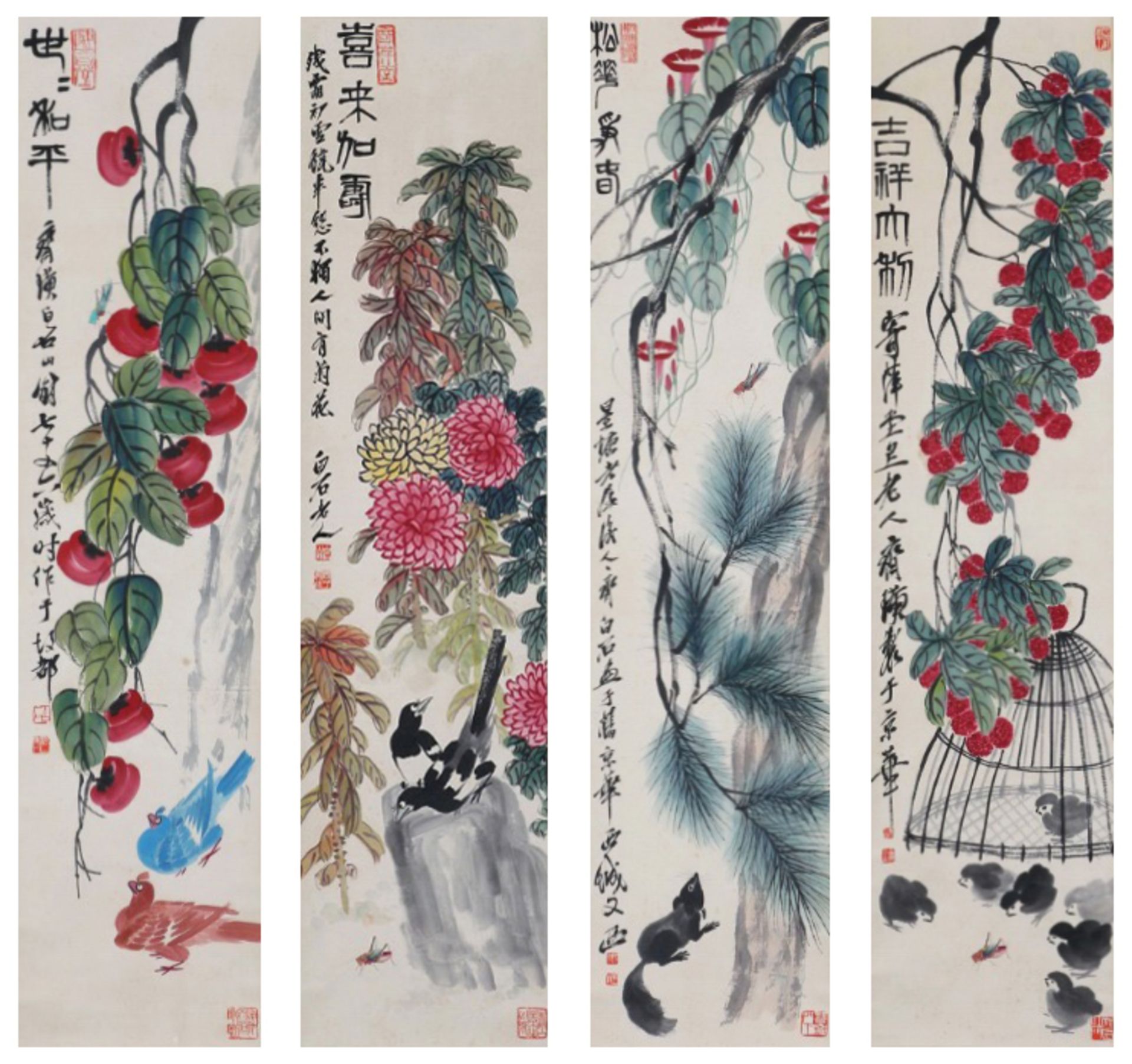 Four Pages of Chinese Scroll Painting Signed Qi Baishi